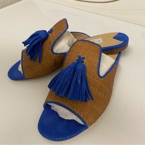 Viajiyu Raffia Natural & Tassel Leather‎ Flat Mules Brown and Cobalt Blue 7 1/2